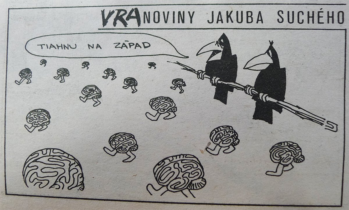 Jakub Suchý, Tiahnu na západ, karikatúra v časopise Zmena. 1990. Univerzitná knižnica v Bratislave